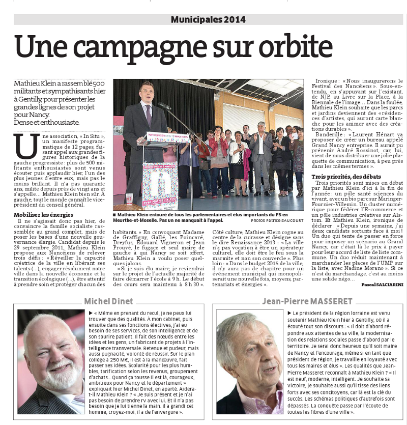 L'Est Républicain revient sur le lancement de la campagne de Mathieu Klein pour les municipales 2014