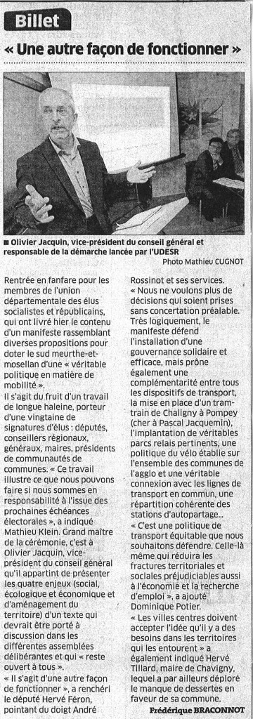 Article Est Républicain sur la conférence de presse Manifeste Mobilité