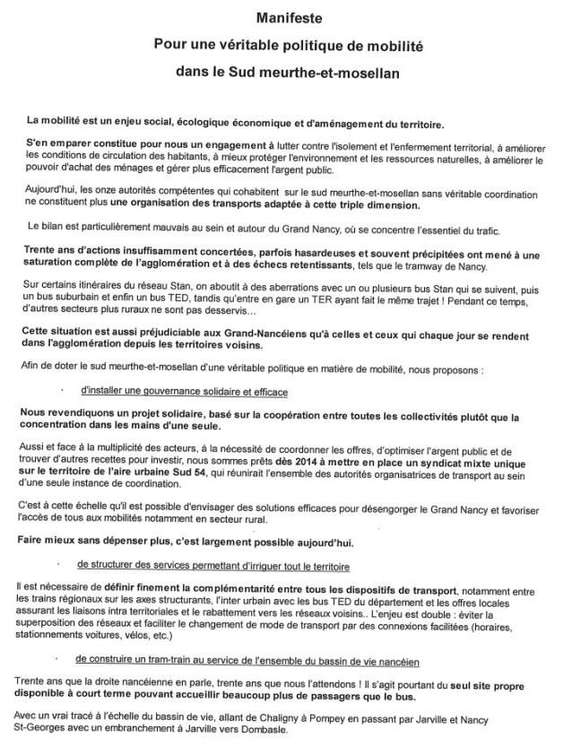 Manifeste pour une véritable politique de mobilité dans le Sud meurthe et mosellan