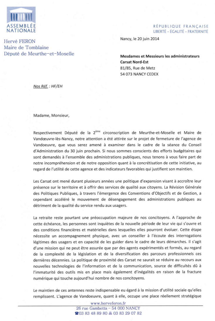 Lettre aux administrateurs sur l'éventuelle fermeture de l'agence Carsat de Vandoeuvre