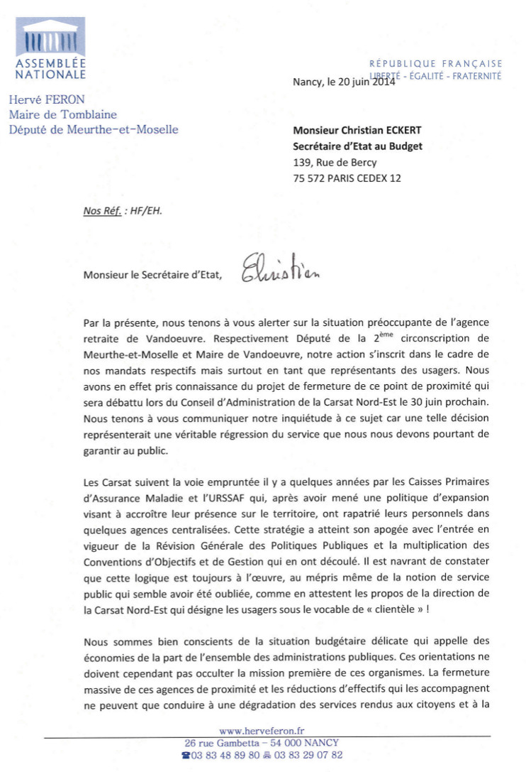 Lettre à Christian Eckert sur l'éventuelle fermeture de l'agence Carsat de Vandoeuvre