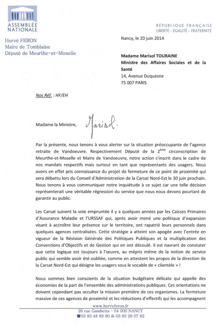 Lettre à Marisol Touraine sur l'éventuelle fermeture de l'agence Carsat de Vandoeuvre