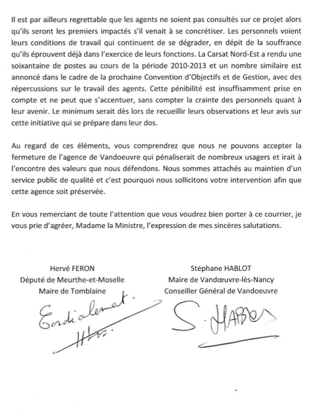 Lettre à Marisol Touraine sur l'éventuelle fermeture de l'agence Carsat de Vandoeuvre