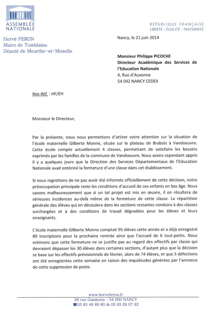 Lettre à l'Inspecteur d'Académie sur la fermeture d'une classe à l'école maternelle Gilberte Monne