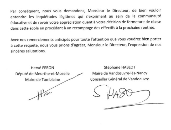 Lettre à l'Inspecteur d'Académie sur la fermeture d'une classe à l'école maternelle Gilberte Monne