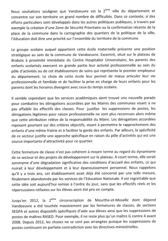 Lettre à l'Inspecteur d'Académie sur la fermeture d'une classe à l'école maternelle Gilberte Monne