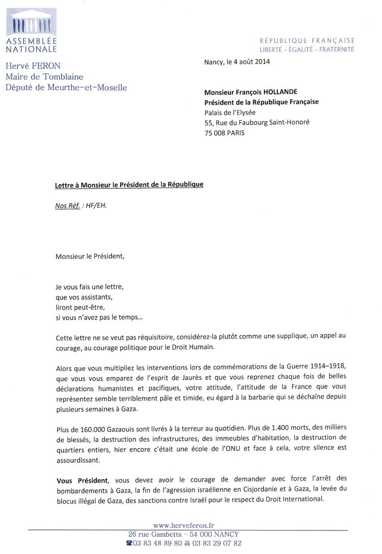 Lettre au Président de la République sur la situation à Gaza