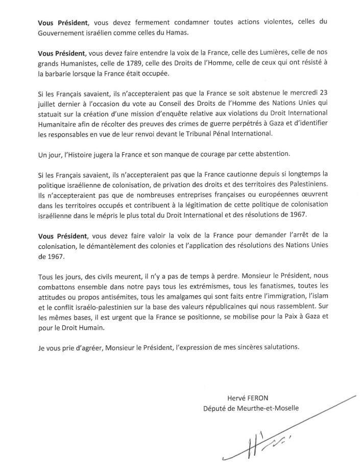 Lettre au Président de la République sur la situation à Gaza