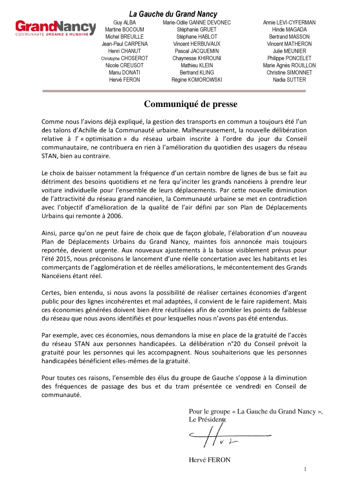 Communiqué de presse de la Gauche du Grand Nancy