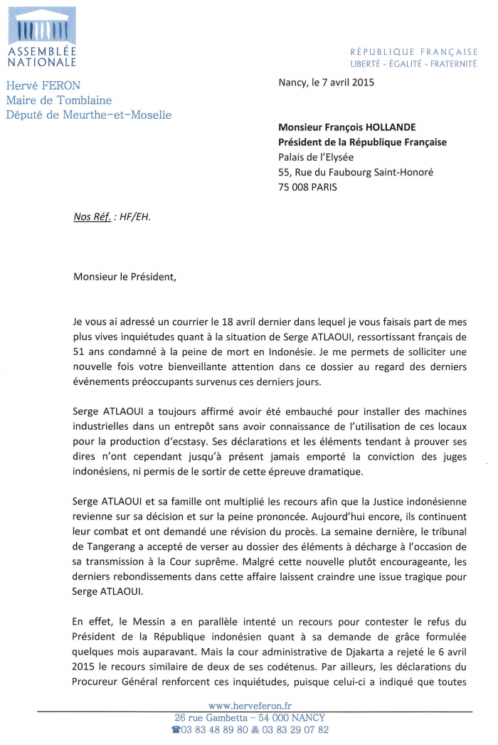 Courrier à François Hollande concernant Serge Atlaoui