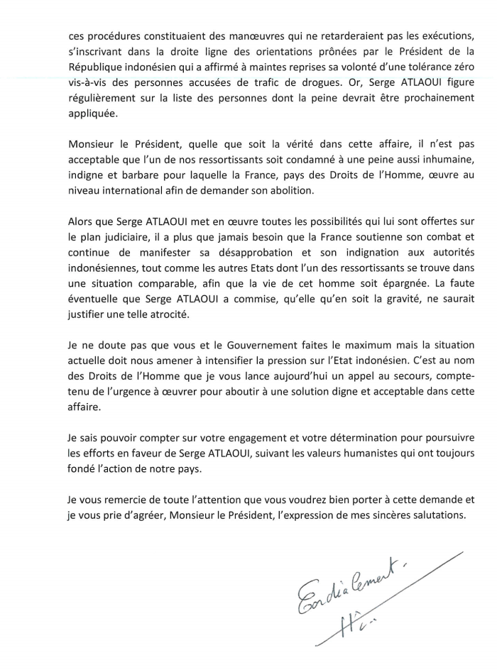 Courrier à François Hollande concernant Serge Atlaoui